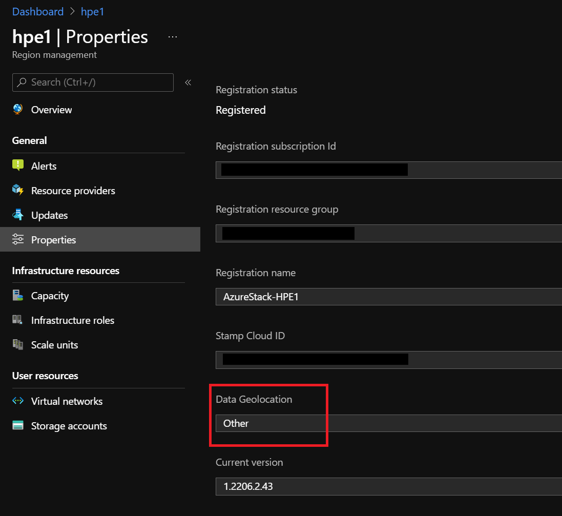 Screenshot that shows Azure Stack Hub Admin portal Properties window with the Data Geolocation property now set to Europe.