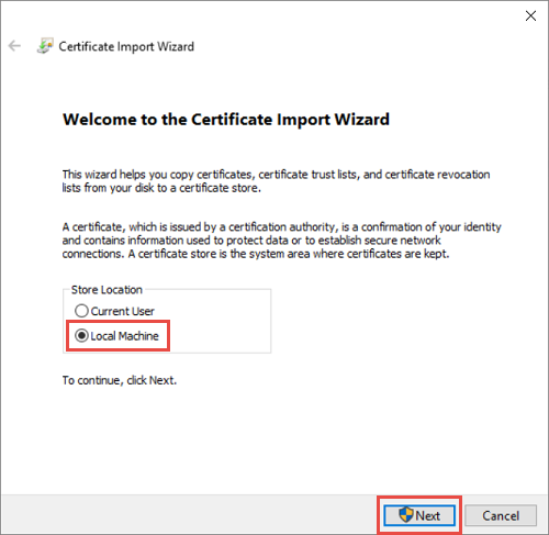 Local machine import location for certificate