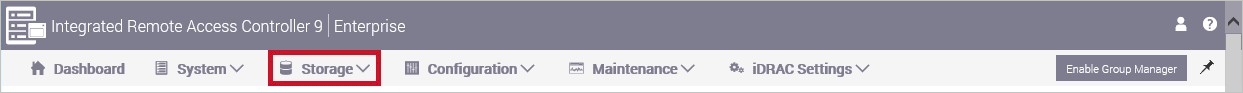 Screenshot that shows the iDRAC page with the 'Storage' action selected.