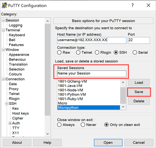 The PuTTY Configuration pane "Saved Sessions" box