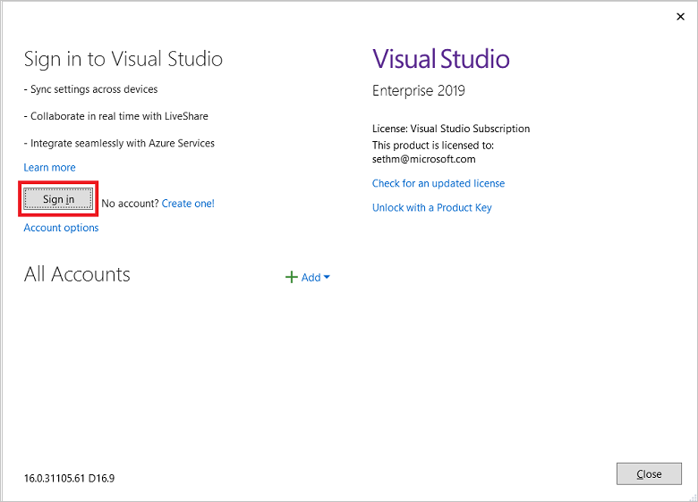 Sign in to Visual Studio in Cloud Explorer
