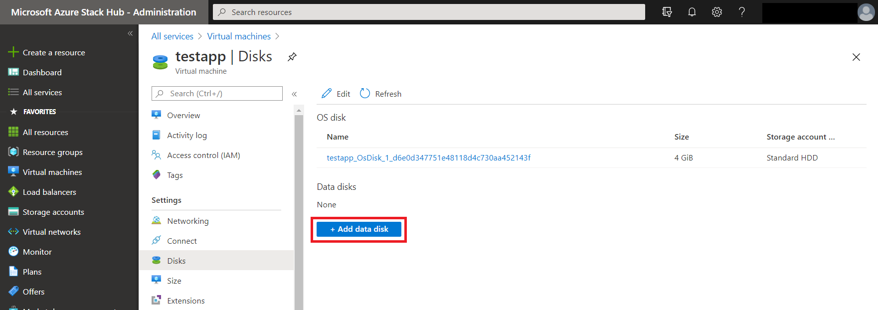 Screenshot that shows how to attach a new disk to the VM.