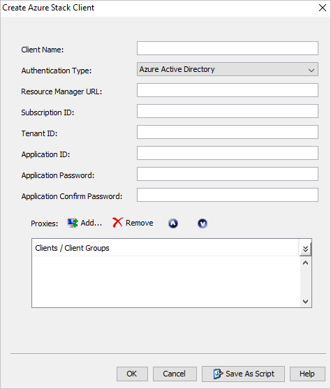 The Create Azure Stack Client dialog box has list and text boxes for specifying the characteristics of the client.
