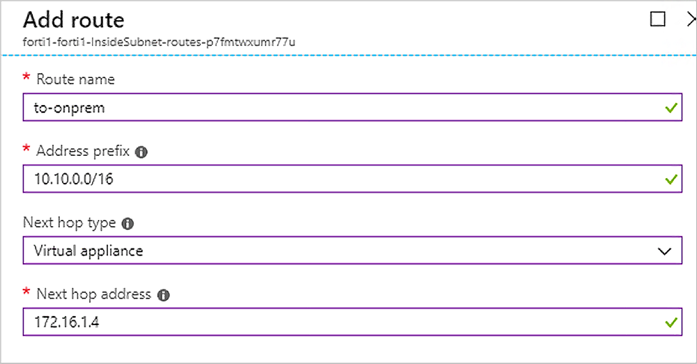 Screenshot show the Add route dialog box with the four values that have been selected and entered in the text boxes.