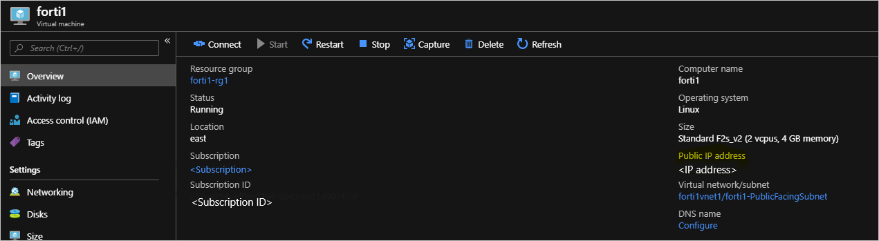 Screenshot shows the forti1 overview page shows the resource group, status, and so on.