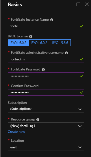 Screenshot shows the text boxes (such as Instance Name and BYOL License) of the Basics dialog box filled in with values from the Deployment Table.