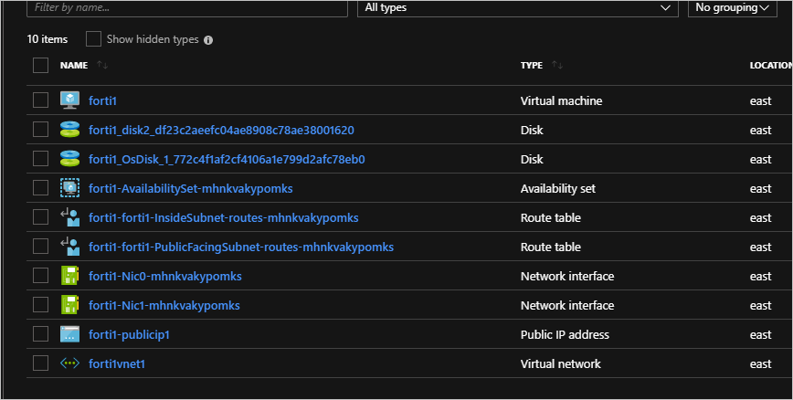 Screenshot shows the list of resources in the forti1-rg1 resource group.