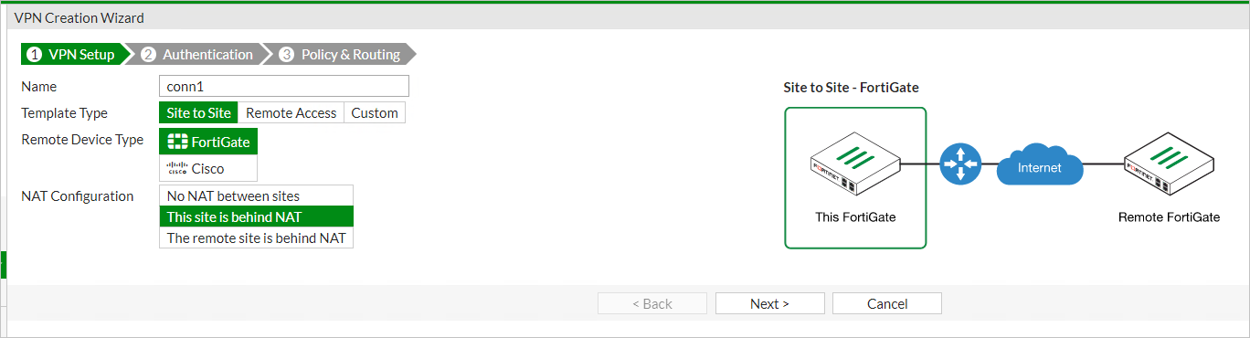 Screenshot shows the VPN Creation Wizard on the first step, VPN Setup. The following values are selected: Site to Site for Template Type, FortiGate for Remote Device Type, and This site is behind NAT for NAT Configuration.