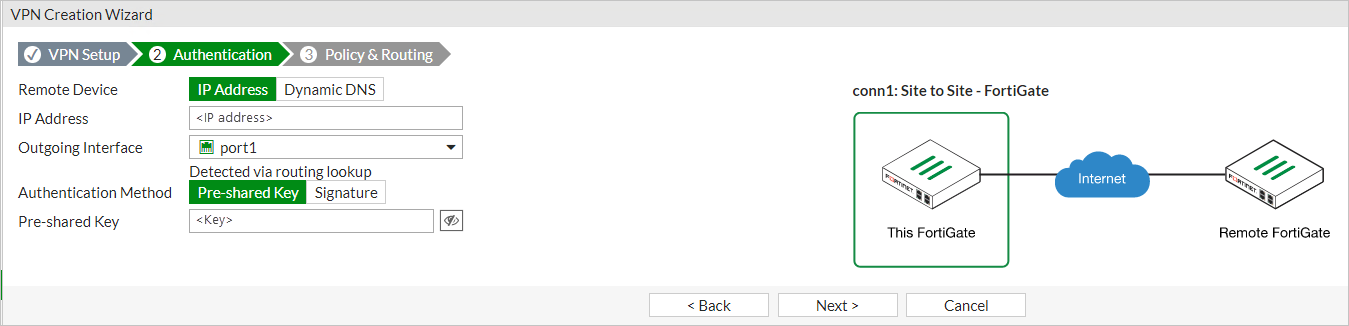 Screenshot shows the VPN Creation Wizard on the second step, Authentication, and the selected values are highlighted.