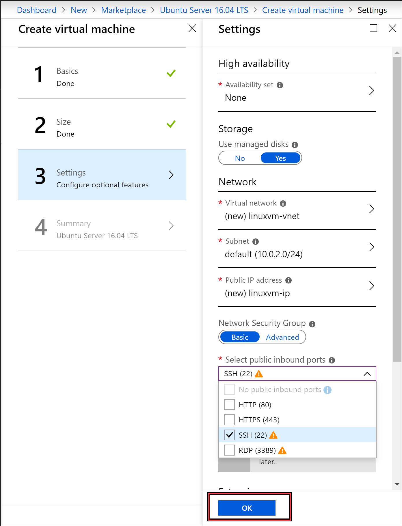 Create Linux Server - Settings