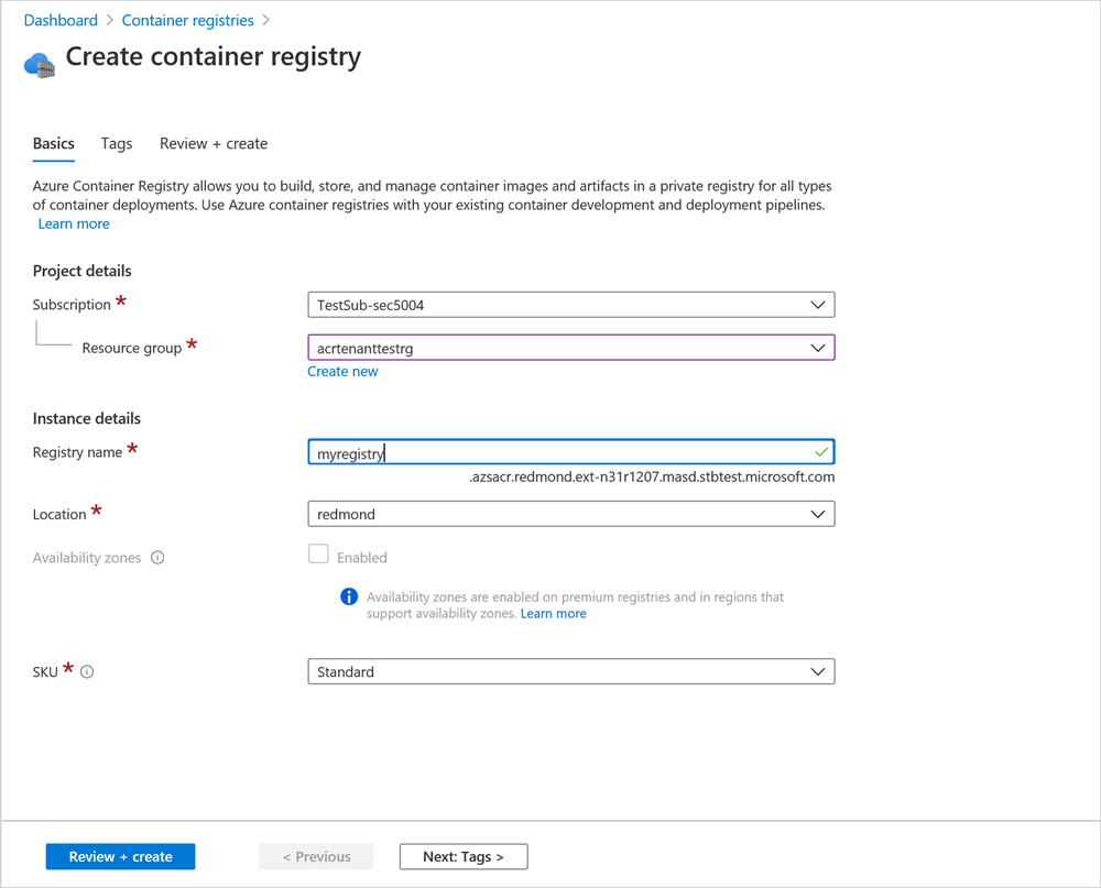 Review container registry details.