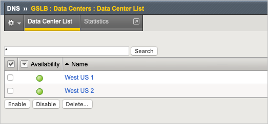 The "DNS >> GSLB : Data Centers : Data Center List" dialog box lists data centers and status. There are Enable, Disable, and Delete buttons to apply against selected data centers.