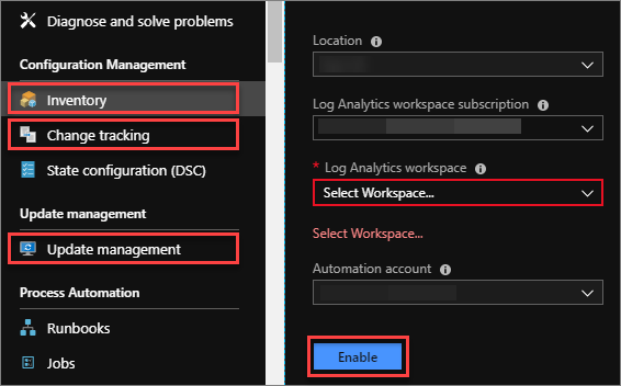 The "Diagnose and solve problems window" shows two lists with three options highlighted. Inventory is selected. There is also a "Log Analytics workspace" drop-down list, and an Enable button.