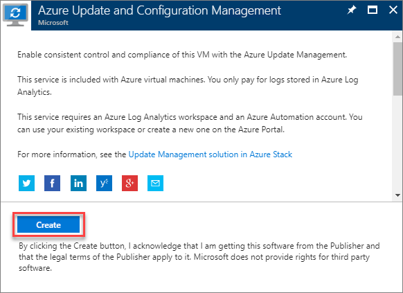 The "Azure Update and Configuration Management" dialog box has explanatory information, a Create button (highlighted) to add the extension, and a link to more information.