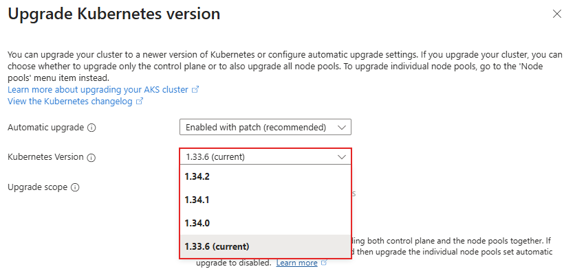 Screenshot of the Upgrade version screen with available upgrade versions.