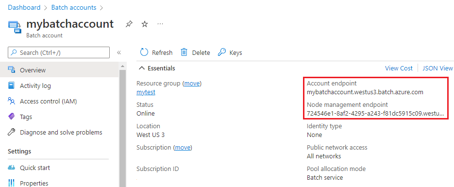 Screenshot of Batch account endpoints.