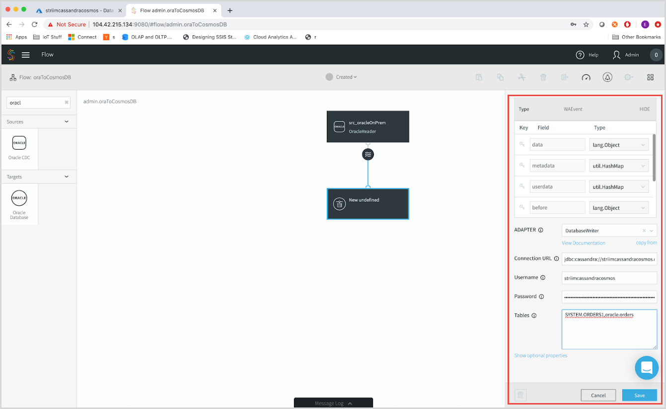 Screenshot of the Striim target configuration pane.