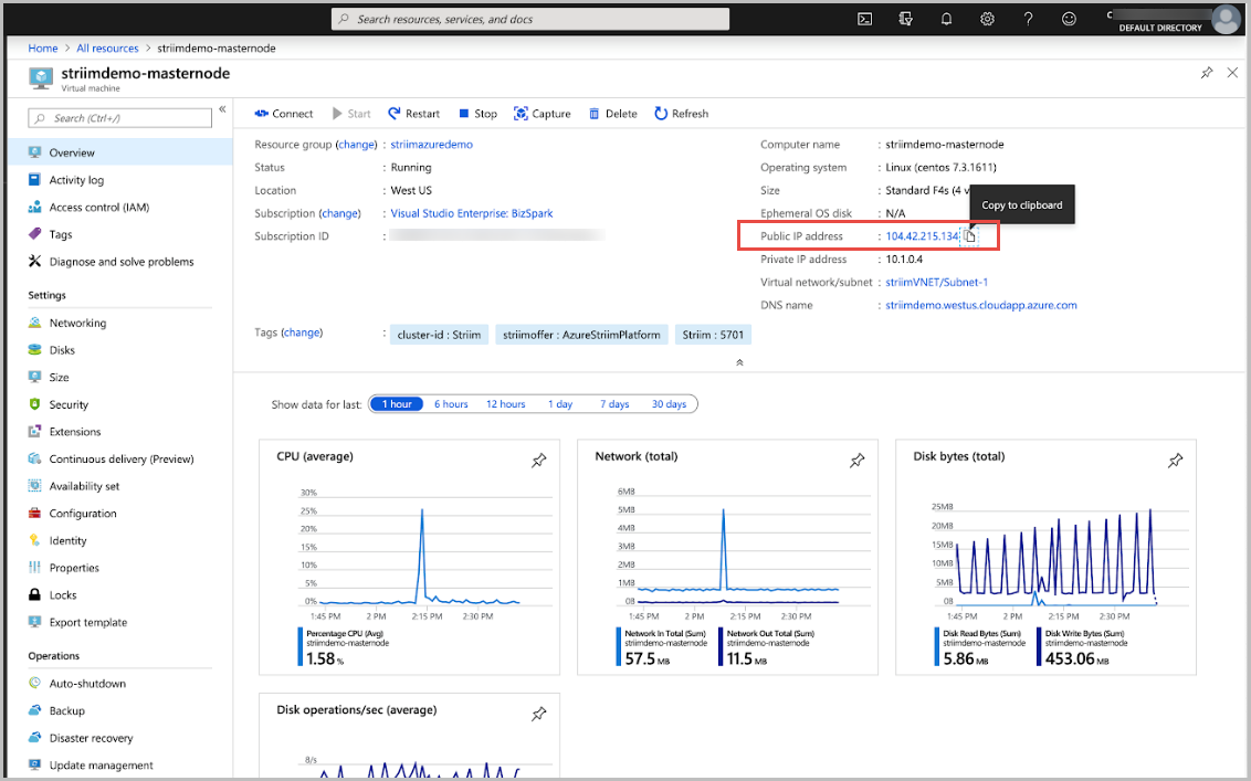 Screenshot of the Azure portal. It shows the public IP address of the Striim VM.