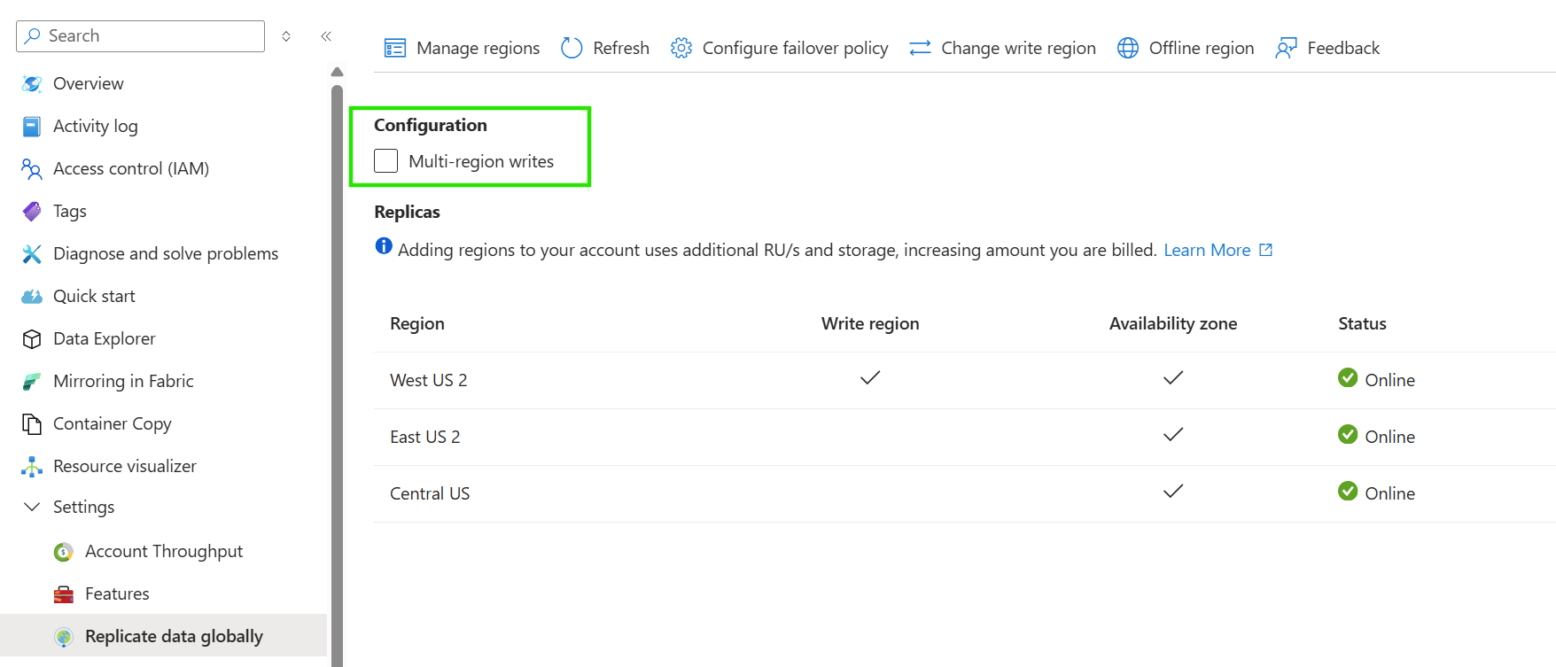 Screenshot of the Replicate data globally page, highlighting the Multi-region writes checkbox.