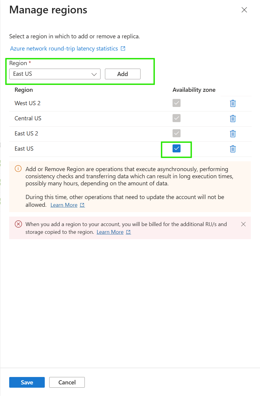 Screenshot of the Replicate data globally page and the Manage regions pane.