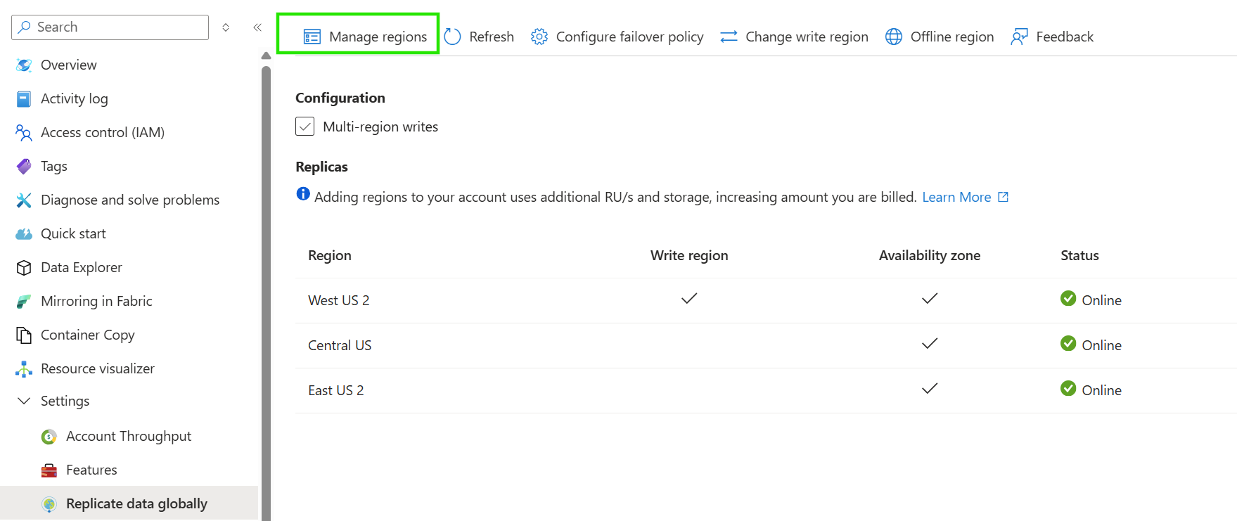 Screenshot of the Replicate data globally page with manage regions selected.
