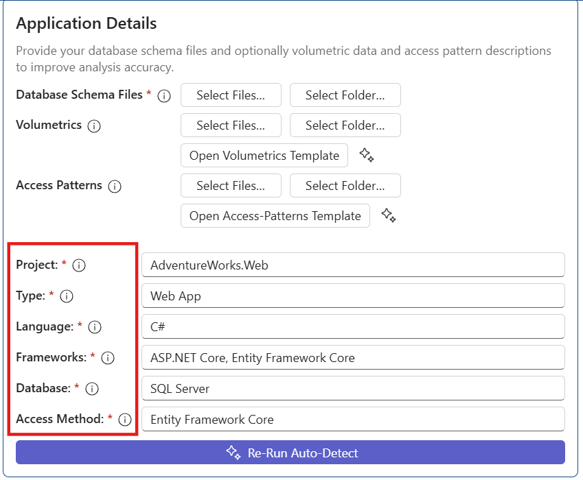 Screenshot of phase 1 Application information section showing Auto-Detect option to populate project, Application type, programming language, framework, RDBMS database type details.