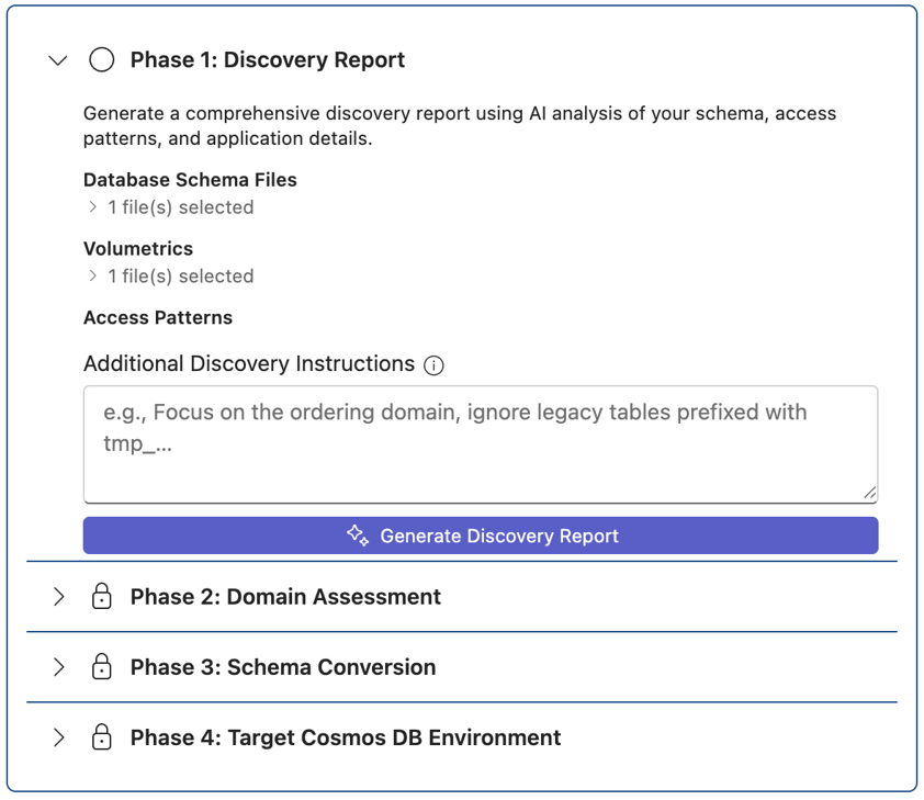 Screenshot of phase 1 Discovery Report showing uploaded schema, volumetrics files and the button to generate the discovery report.