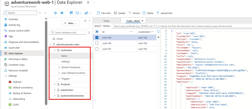 Screenshot of phase 4 showing Azure Cosmos DB Data Explorer interface displaying sample Cosmos DB containers created based on schema design and sample JSON data populated.