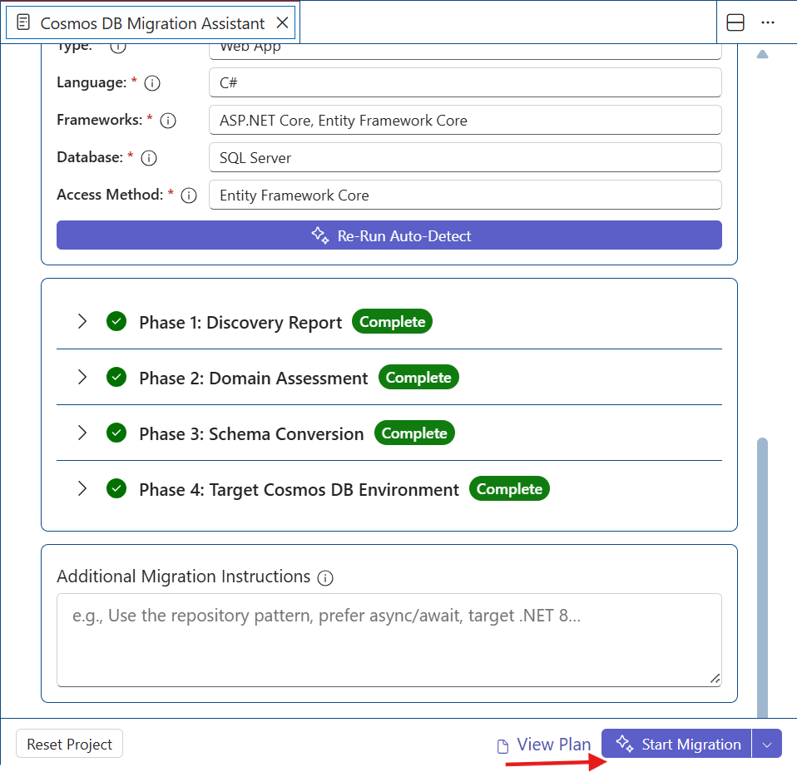 Screenshot of phase 5 showing Start Migration section with the button to start the application repository refactoring based on generated migration plan.