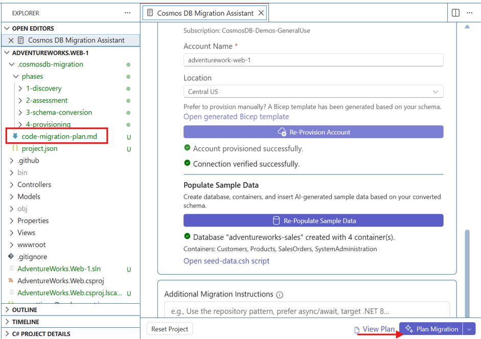 Screenshot of phase 5 showing Plan Migration section with the button to generate application code migration plan document including Cosmos DB related SDK changes.