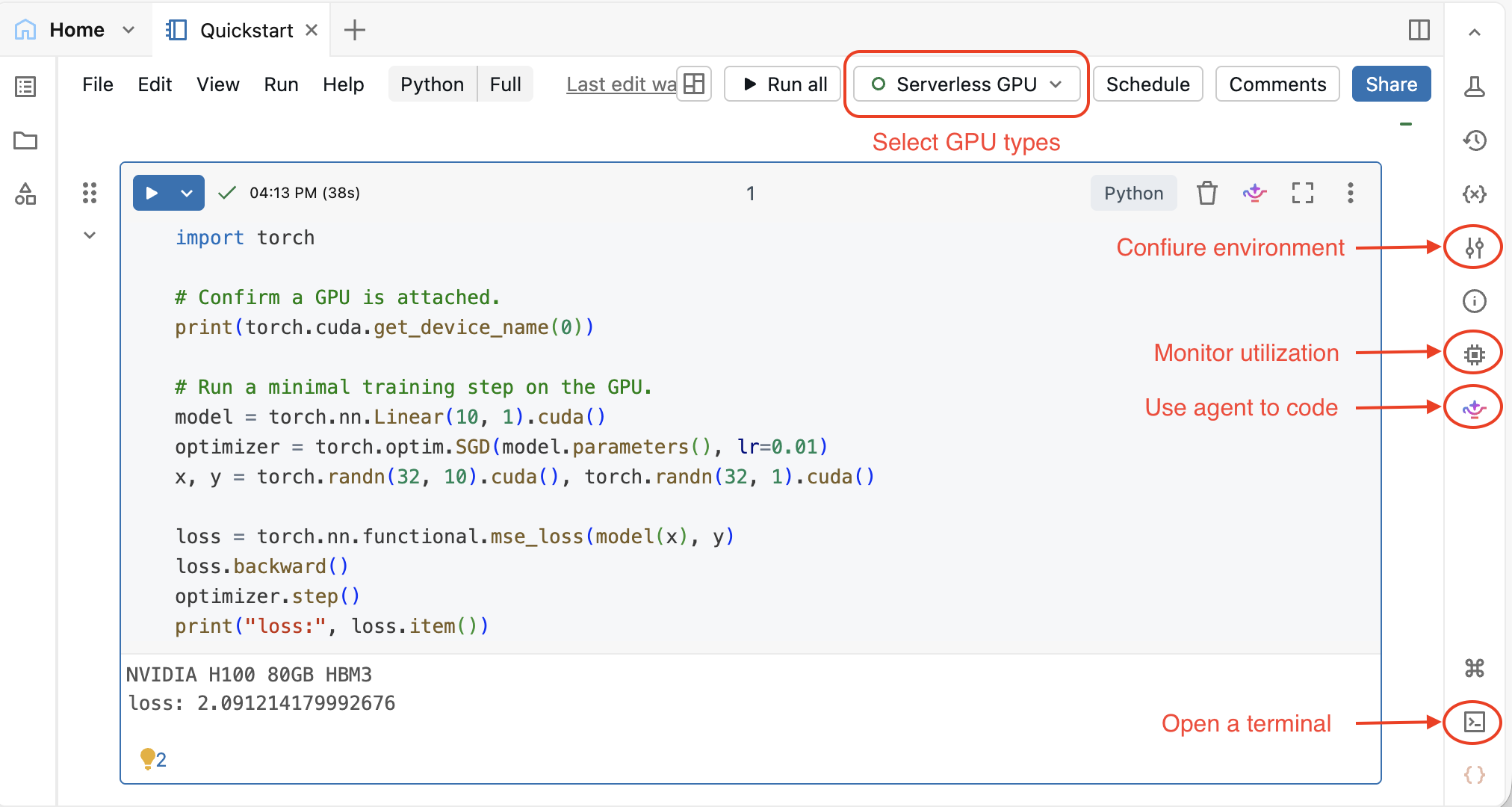 An AI Runtime notebook attached to Serverless GPU, with callouts for selecting the GPU type, configuring the environment, monitoring utilization, using the agent to code, and opening a terminal.