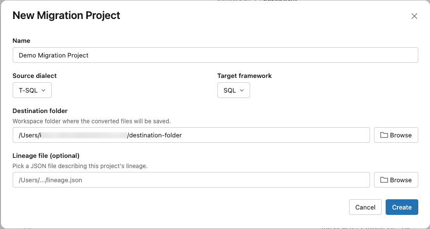 New migration project dialog showing the project name, source dialect, target framework, and destination folder fields.