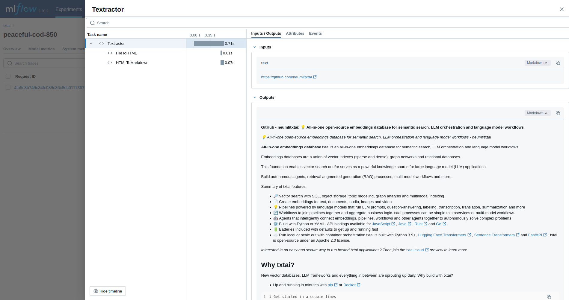txtai Textractor Tracing via autolog