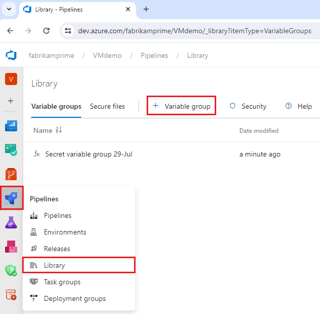 Screenshot of the Library page with the Add Variable Group button highlighted.