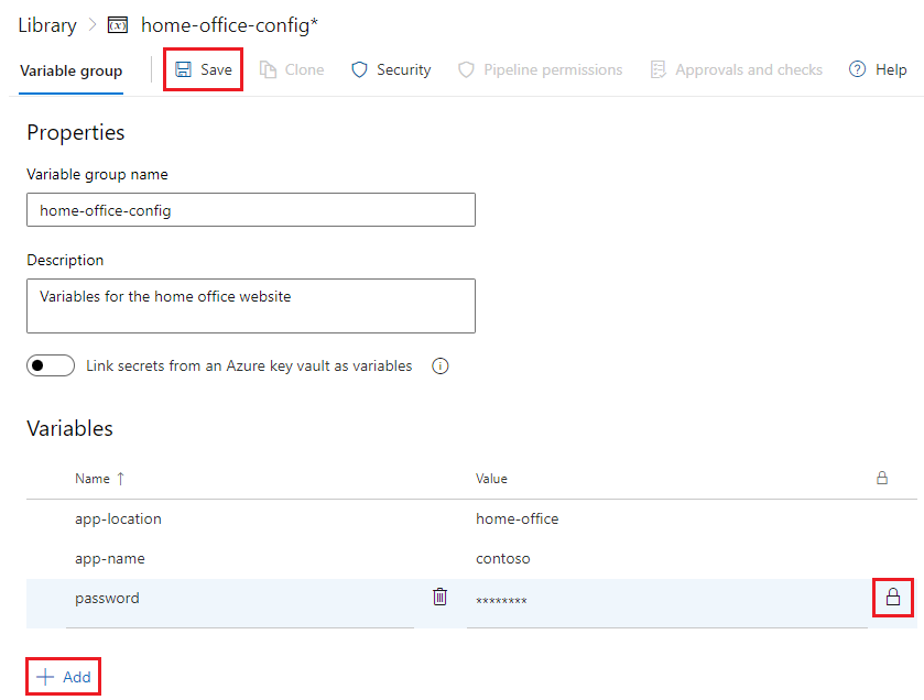 Screenshot of the Save button on the variable group creation page showing the completed variable group ready to be saved.