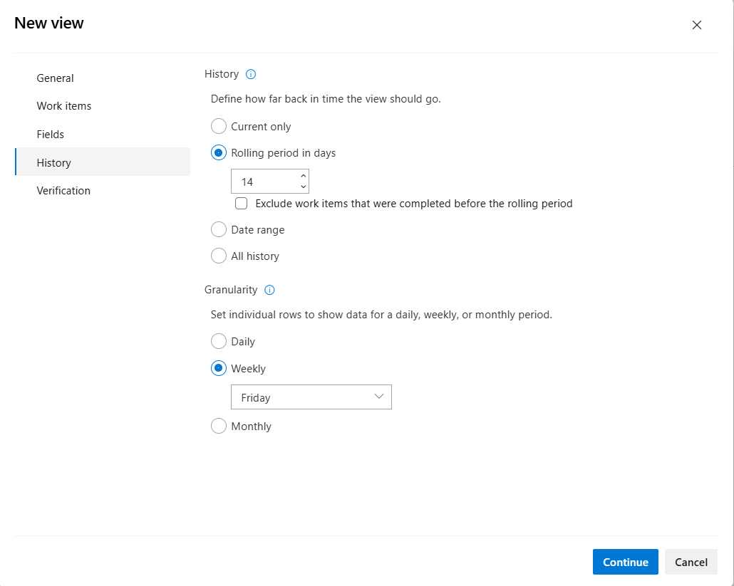 History tab, choose history and granularity options