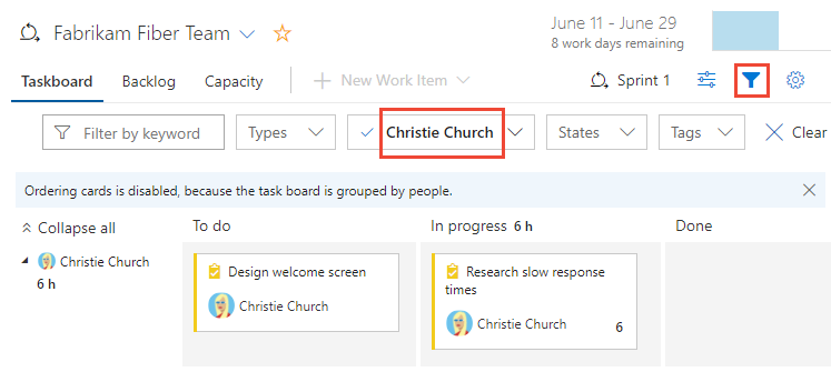 Taskboard filtered to a specific team member.