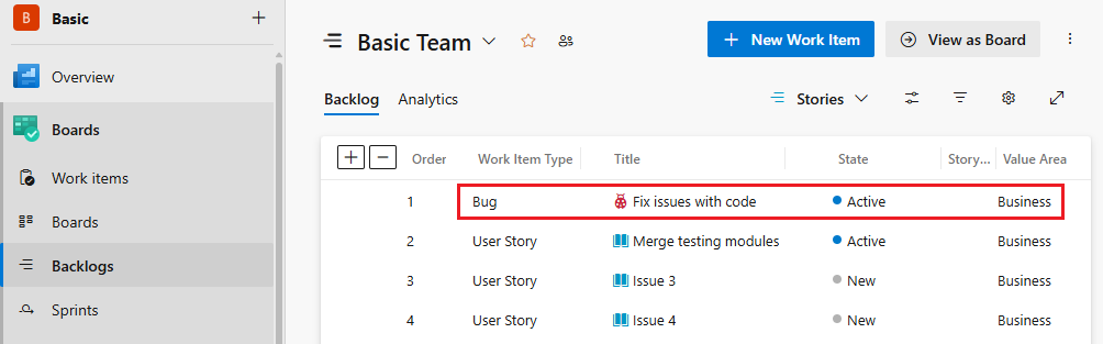 Screenshot of team backlog.