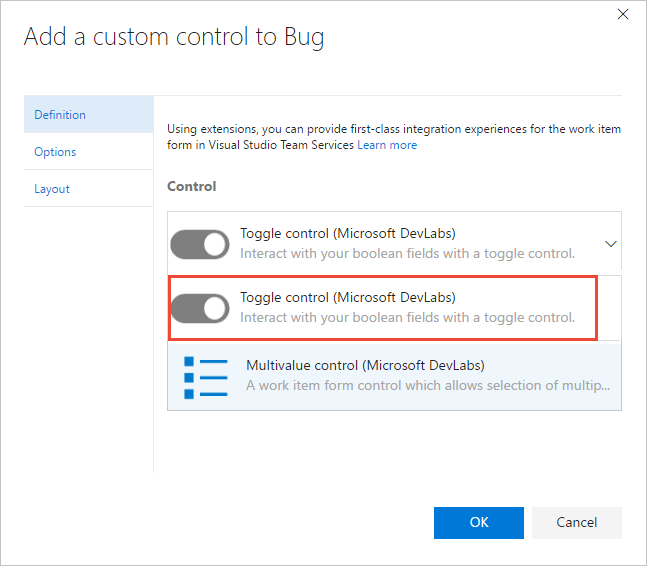 Screenshot of the Add a custom control dialog, Definition tab.