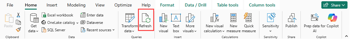 Screenshot of Power BI, Refresh report data.