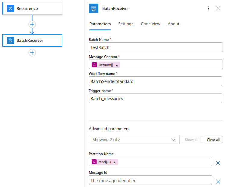 Screenshot shows finished batch sender Standard logic app workflow.