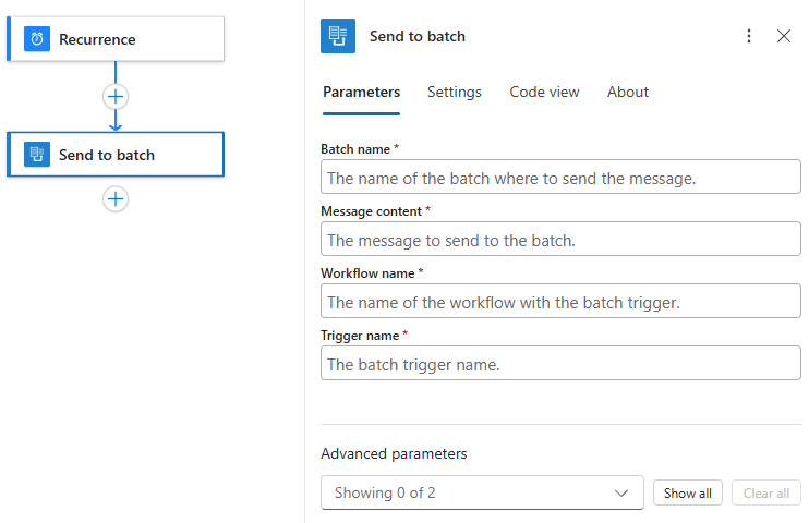 Screenshot shows Standard workflow with Recurrence trigger and action named Send to batch.