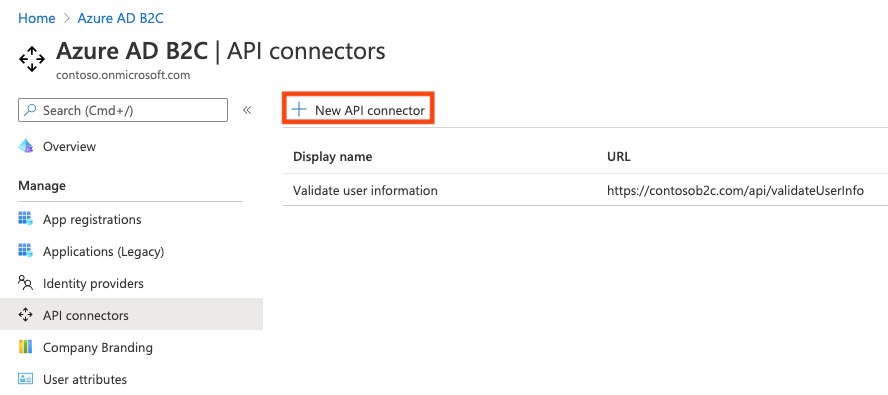Screenshot showing the API connectors page in the Azure portal with the New API Connector button highlighted.