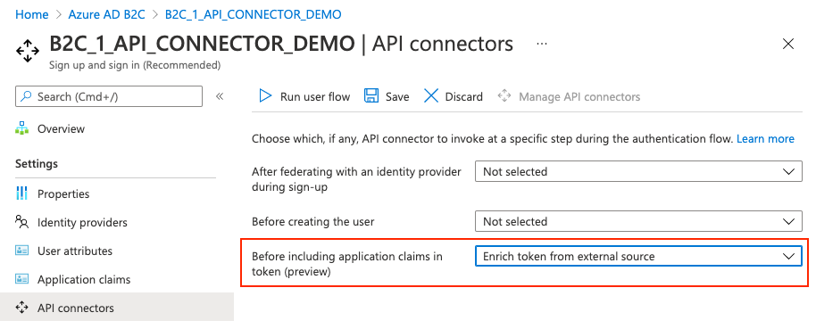 Screenshot of selecting an API connector for a user flow step.