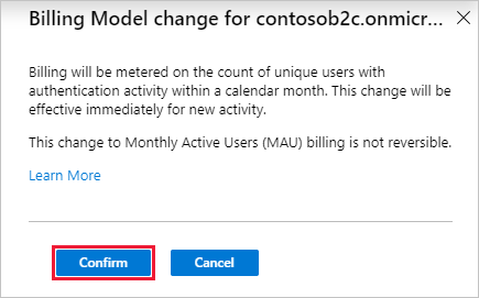 Screenshot that shows the MAU-based billing confirmation dialog in Azure portal.