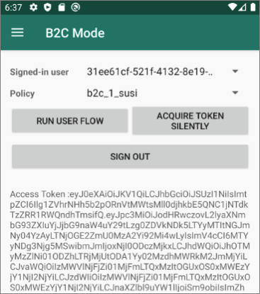 Screenshot showing a successful authentication, with signed-in user and policy displayed.