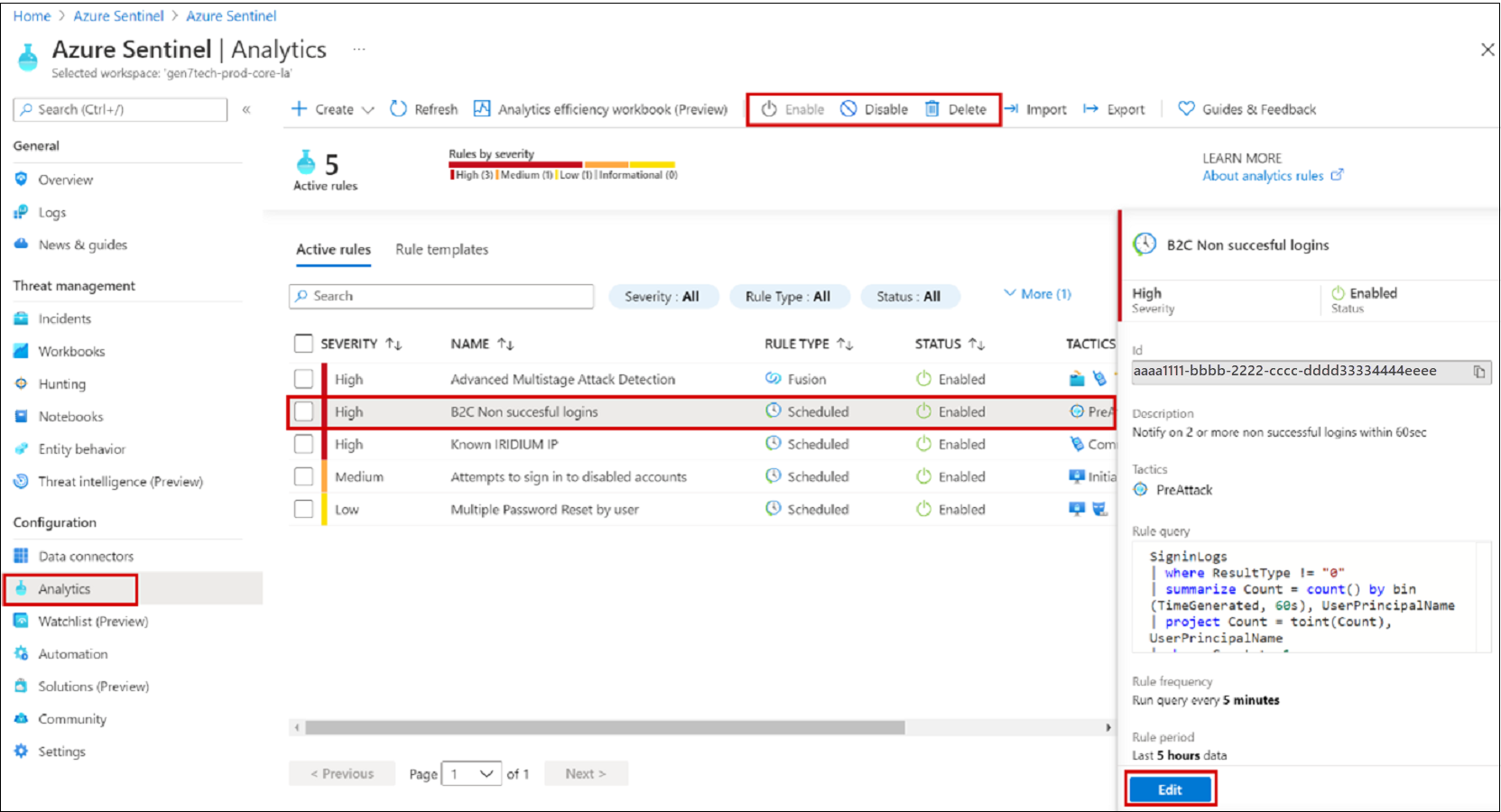 Screenshot of active rules with Enable, Disable, Delete, and Edit options.