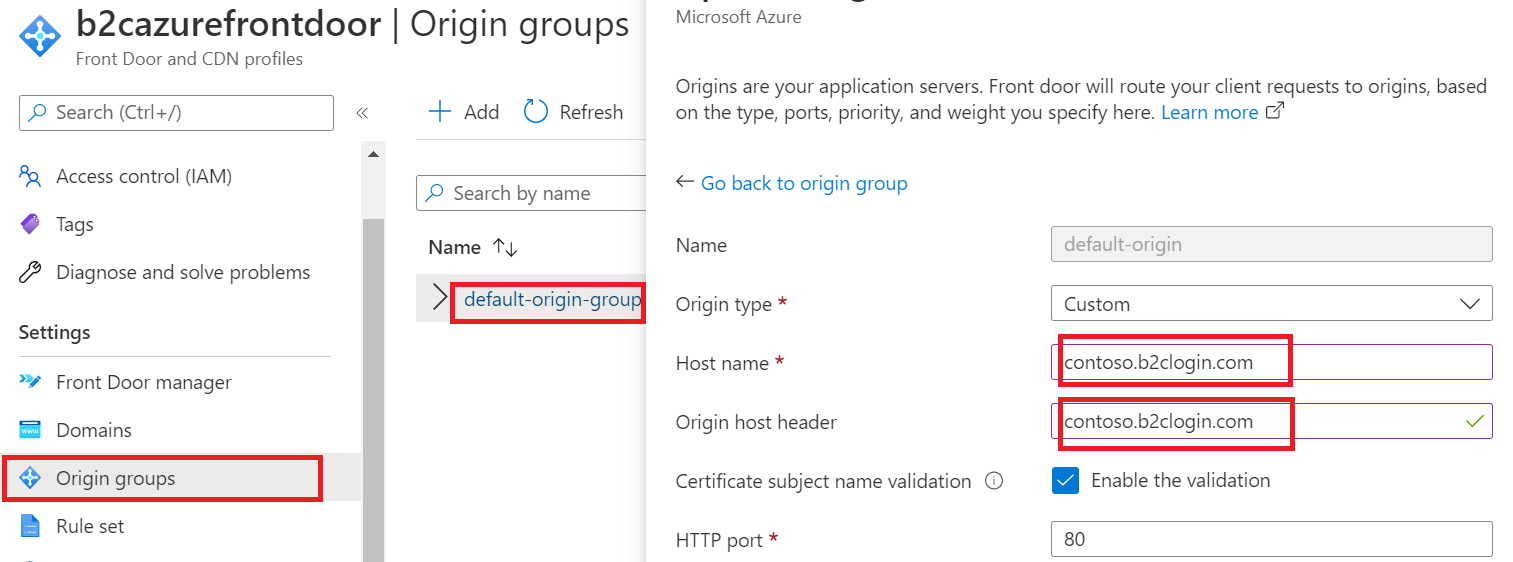 Screenshot of the Origin groups menu from the Azure portal with Host name and Origin host header text boxes highlighted.