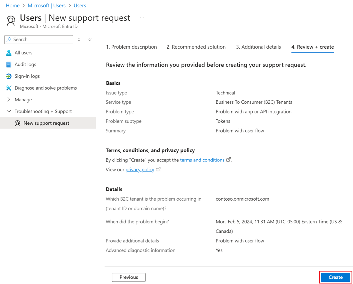Screenshot of how to find help and submit support ticket Review and create tab.