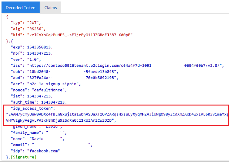 Decoded token in jwt.ms with idp_access_token block highlighted